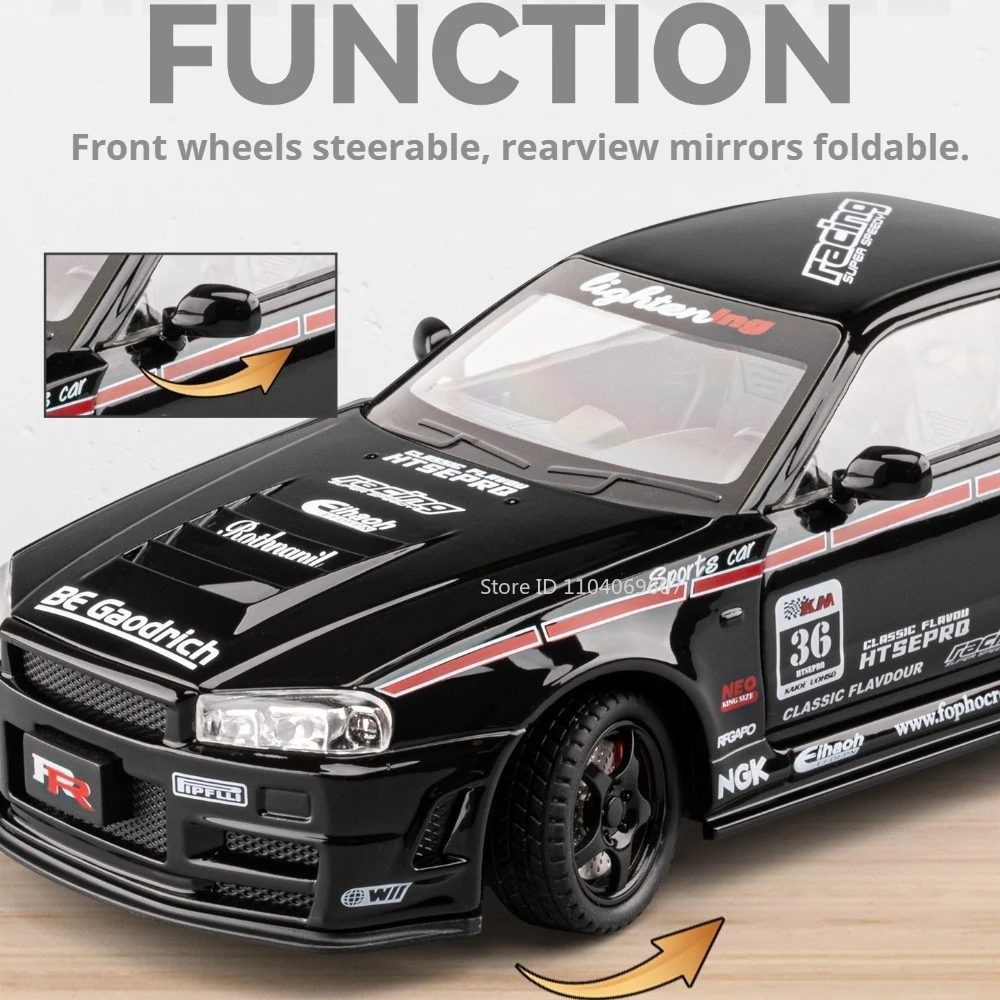 Scale 1:24 GTR R34 Car Model Toy Wheel Steering Doors Opened Sports Cars Music Light Pull Back Models Boys Interactive Toys