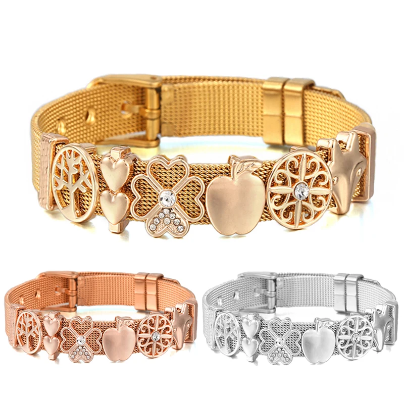 New Arrival 10mm Stainless Steel Mesh Bracelet With Heart Flower Charm Slide Beads For Women Men DIY Watch Strap Jewelry Gift
