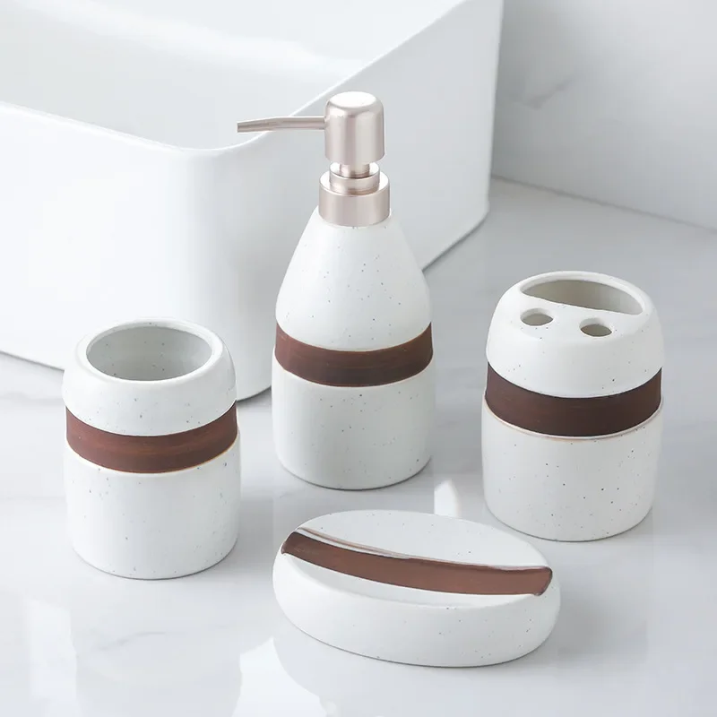 toiletries, separate bottles, spotted red circles, bathroom, lotion bottle, soap dish, ceramic bathroom four-piece set