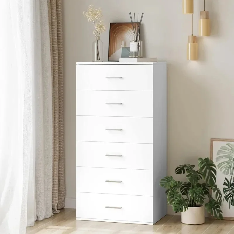 6 Drawer Dresser White Dresser, 23.6L x 17.7W x 46.9H Inches Chest of Drawers with 6-Layer Modern Floor Storage Cabinet