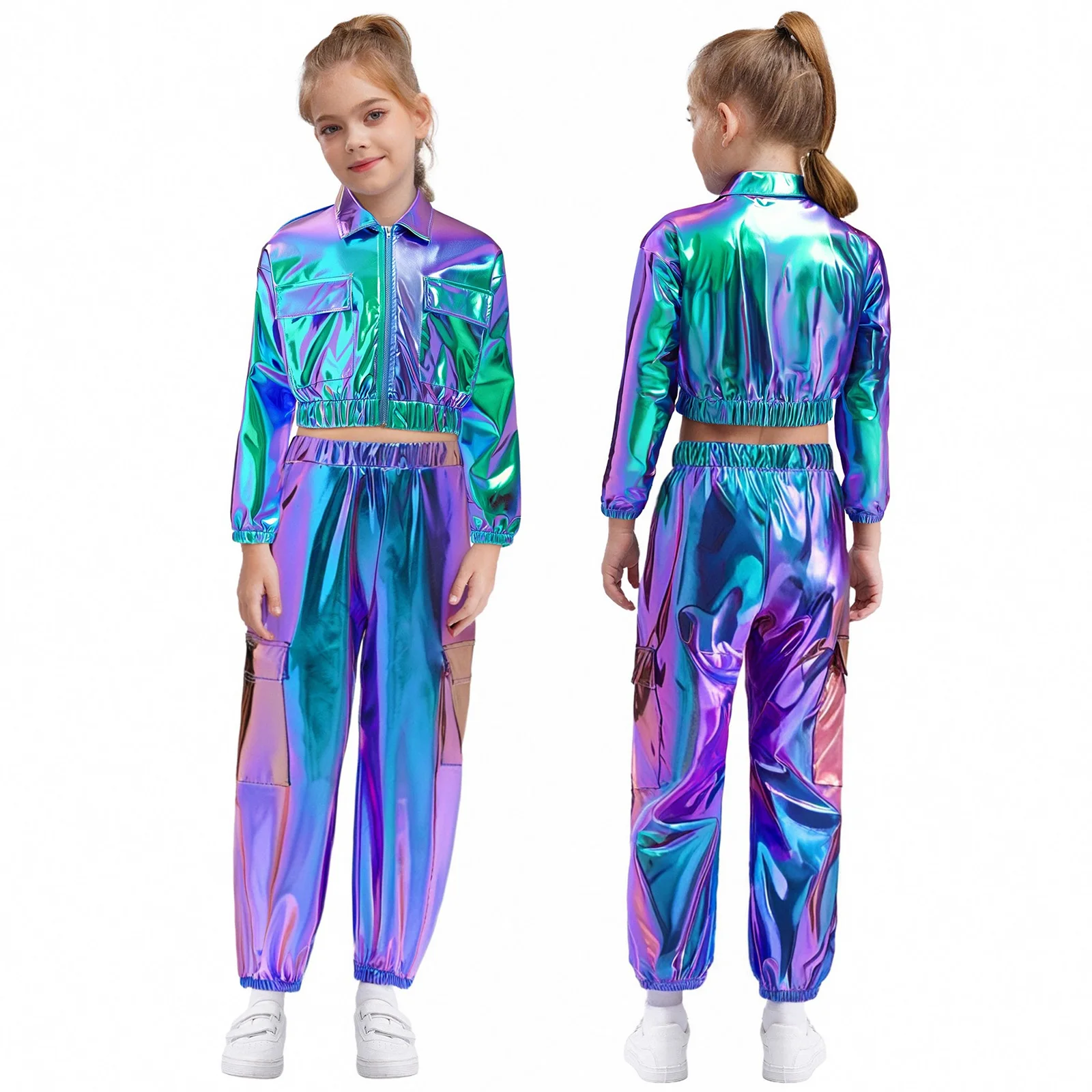 

Boys Girls Hip-Hop Jazz Dance Outfit Metallic Shiny Jacket Long Sleeve Outwear with Pants for Skateboarding Street Dance Costume