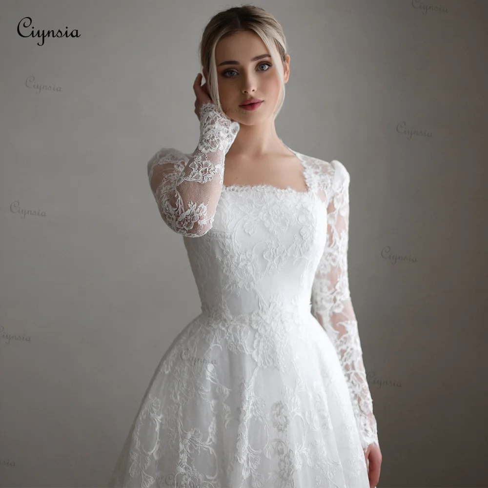 Exquisite Spitzen-A-Linien-Brautkleider mit langen Ärmeln für die Braut, eckiger Ausschnitt, Schleppe, Brautkleider 2026, individuell anpassbar