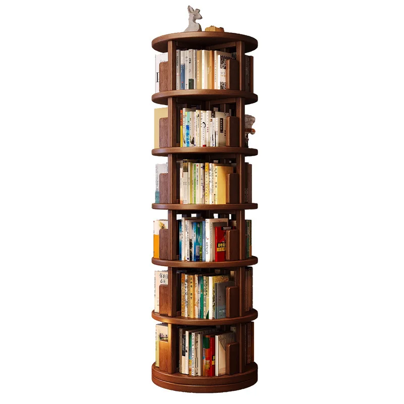 All solid wood rotating bookshelf 360-degree bookcase integrated against the wall movable corner children's shelf floor