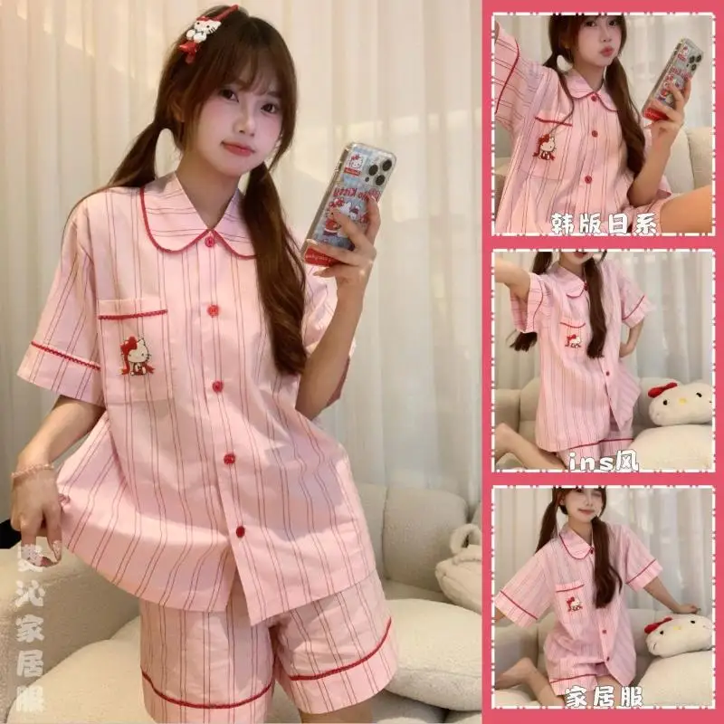 2 قطعة سانريو المرأة الحلو منامة مجموعة مرحبا كيتي منامة مجموعة Kawaii شريط منامة مجموعة الصيف قصيرة الأكمام السراويل ملابس المنزل