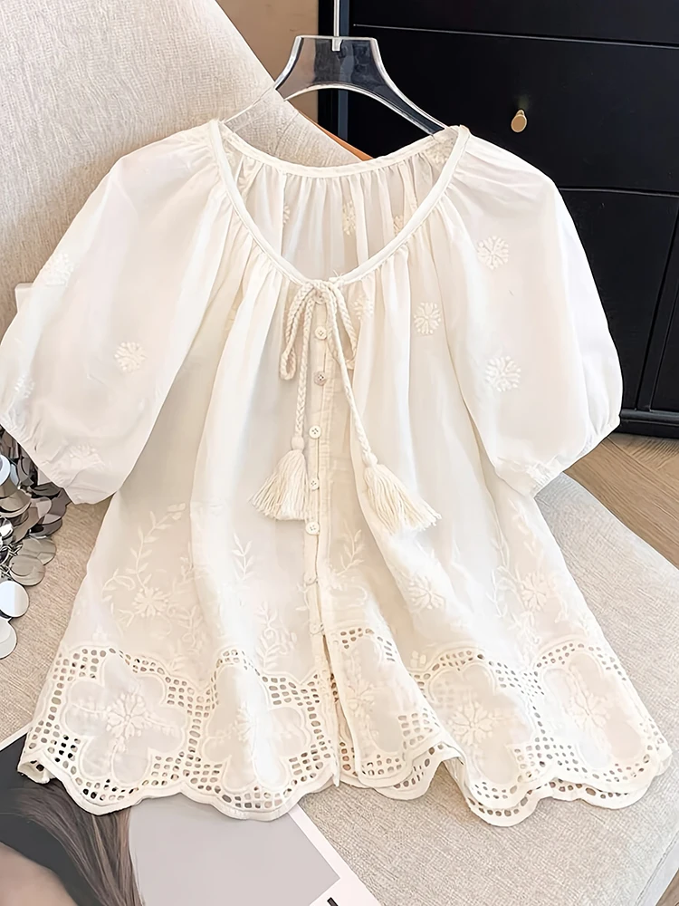 

Latest Summer Tops for Woman Clothing Puff Sleeve Hollow Shirt Blouse Women Elegant Lace Embroidery Shirts & Blouses Lady Blusa