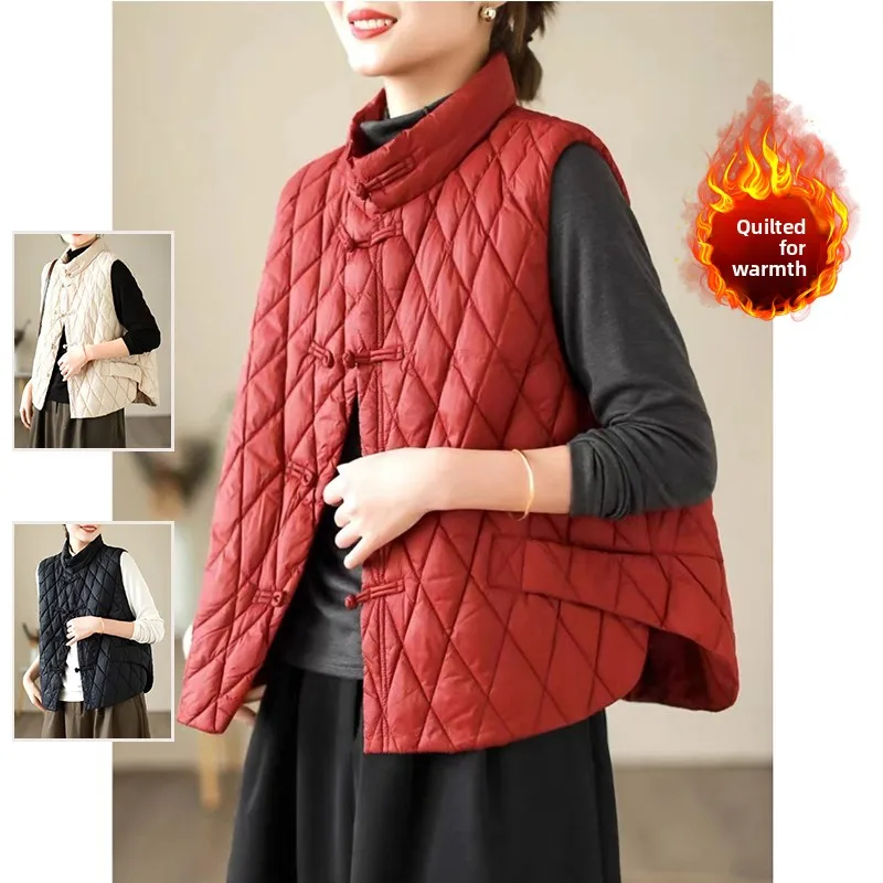 

Стеганый хлопковый жилет в стиле ретро в национальном стиле, верхняя одежда большого размера, женская зимняя модная легкая теплая одежда с воротником-стойкой...