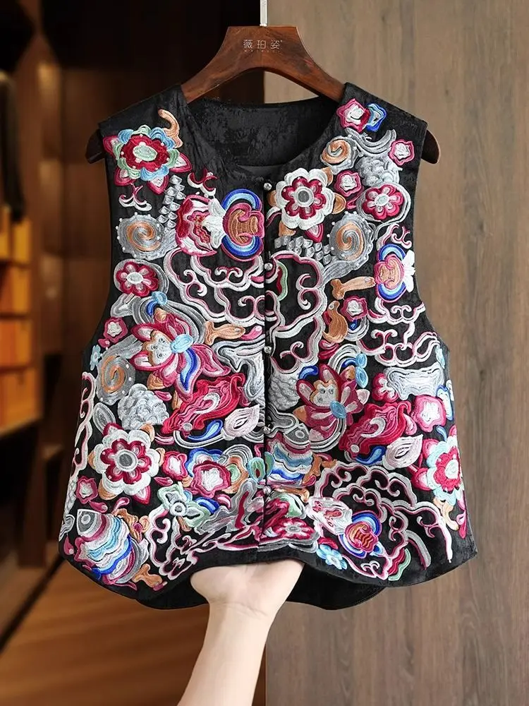 Satin Silk Embroidered Vest Women Chinese Style Vintage Vest Sleeveless Retro Tops Female Autumn New Fashion