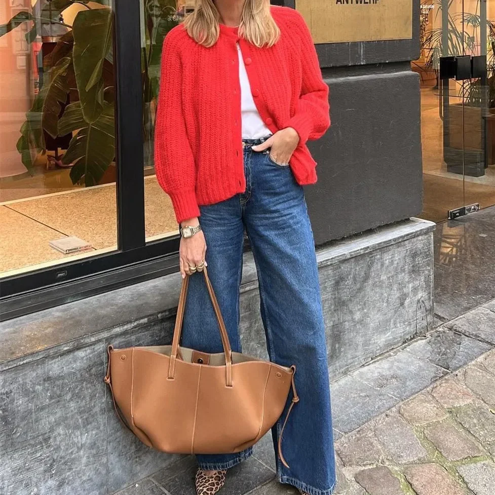 

Fashionable Autumn Winter Outerwear Women's Casual Knitted Long Sleeve round Neck Cardigan Pure Color Knitwear Comfortable