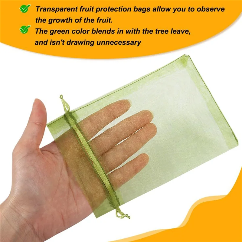 

200PCS Fruit Protection Bags, 8X12 Inch Green Fruit Netting Bags Drawstring Mesh Bags Fruit Cover Pest Barrier