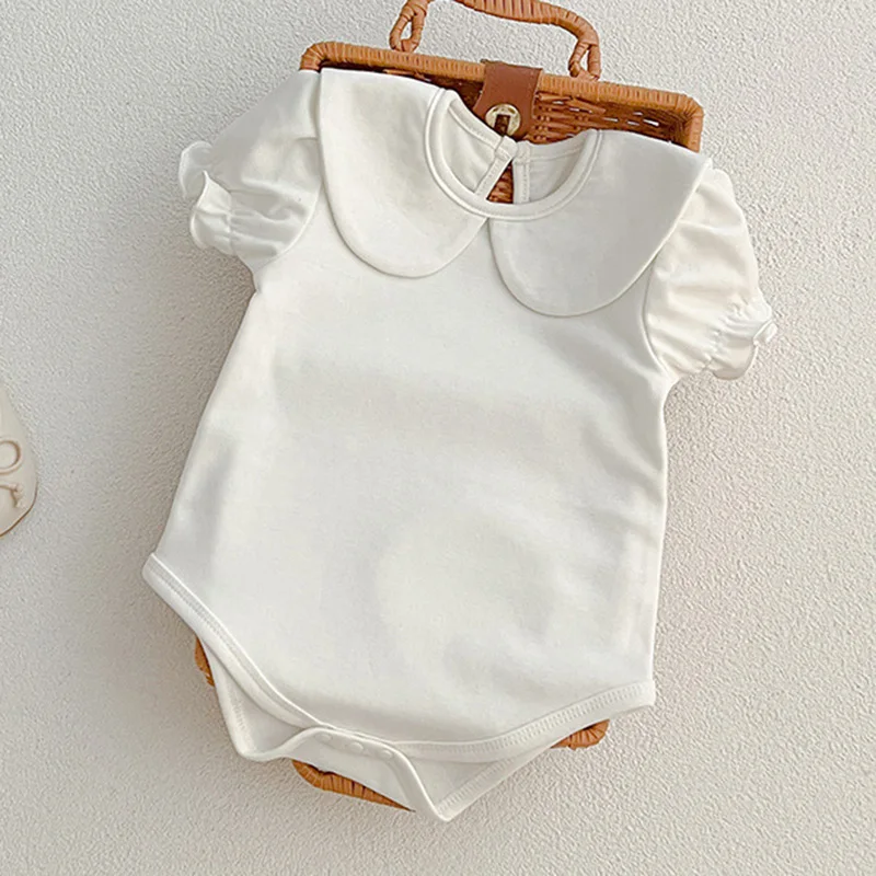 Summer Newborn Kids Baby Girls Doll Collar Solid Color Rompers Infant Baby Girls Short Sleeve Rompers Clothes