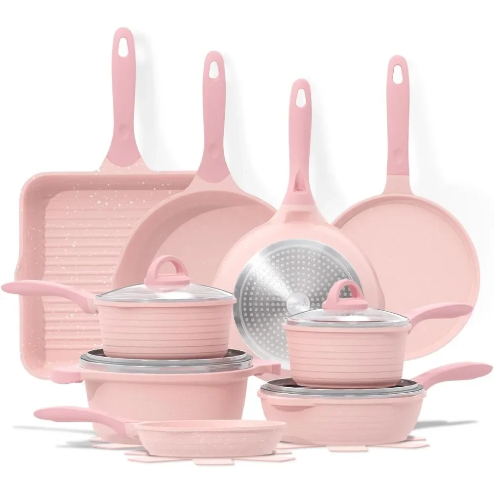 23pcs Pink Pots and Pans Set Nonstick, Healthy Kitchen Cookware Sets, Induction Cooking Set Pink Granite Stone Frying Pans