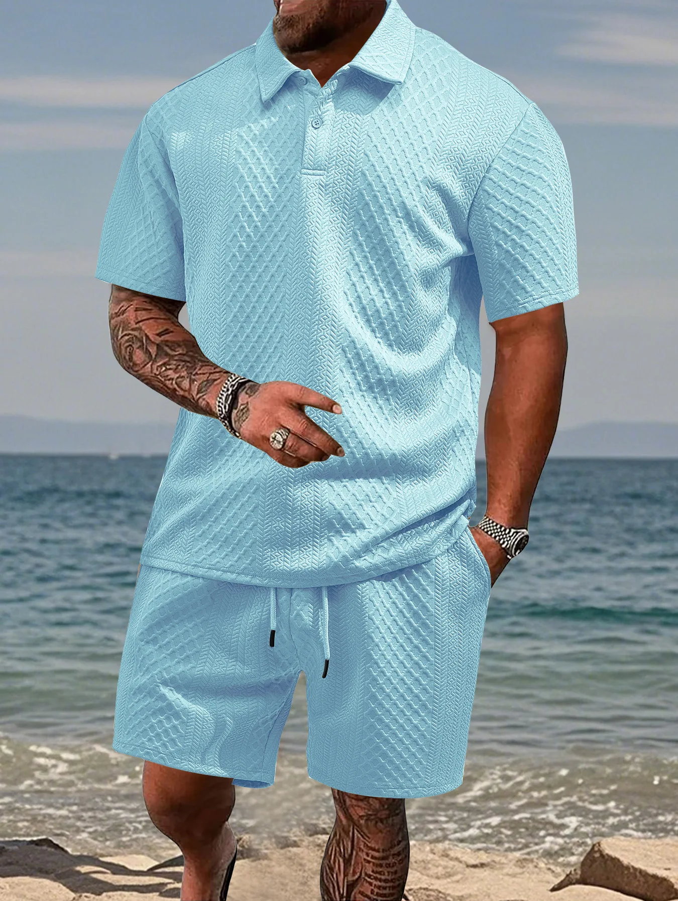 Men's Summer Heavy-Duty Jacquard Short-Sleeved Shirt And Shorts Set, Lapel T-Shirt, Drawstring Shorts, Exquisite Two-Piece Set