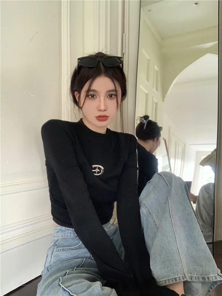 Tonngirls Y2k Black T Shirt Women Clothes Crop Top Long Sleeve Autumn Spring Grunge Aesthetic Slim Skinny Tee Shirt Femme Tops