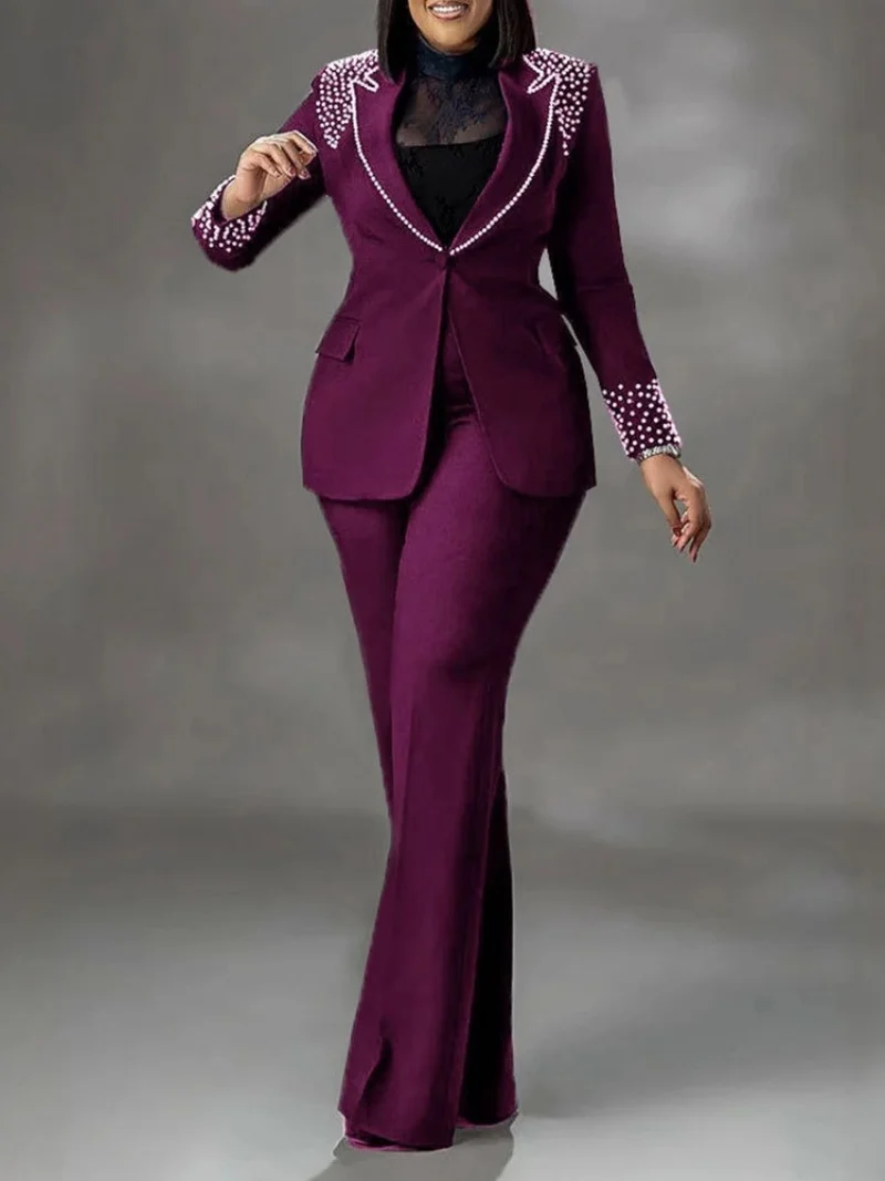 

Уличная одежда Жемчужные комплекты из 2-х предметов Женский наряд Осенняя одежда Женский блейзер с длинными рукавами Топ и брюки Комплекты OL Стиль Женский комплект