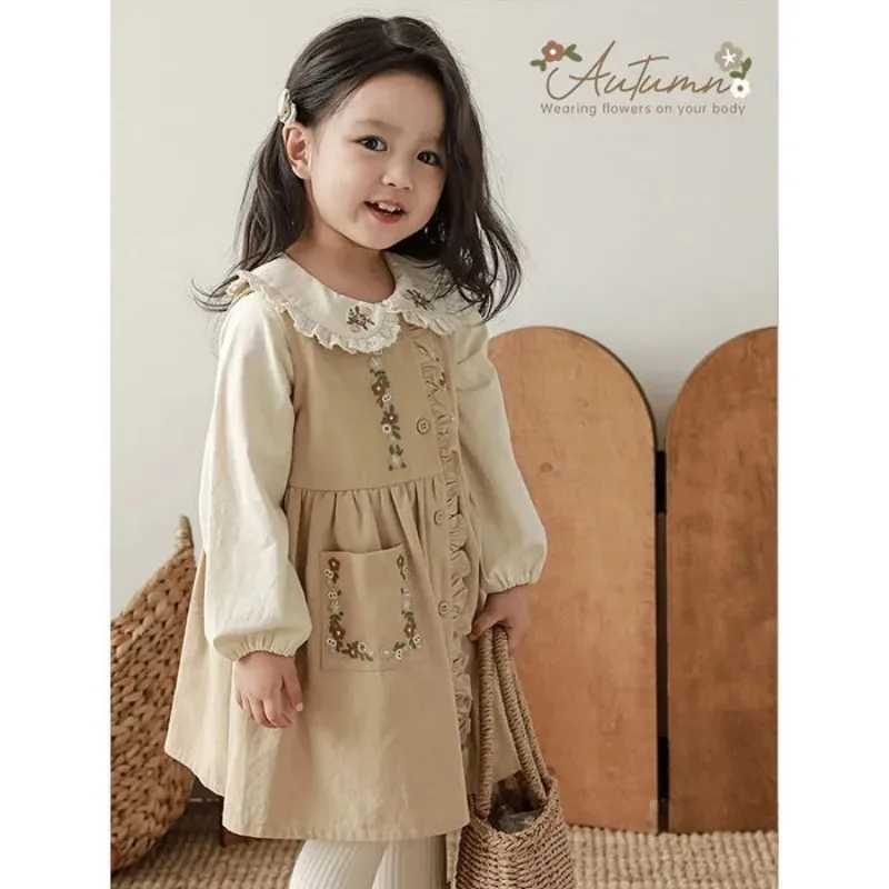 Girls' Autumn Dress Set New Children's Fashion Mushroom Edge Embroidery Forest Series Sleeveless Vest Dress and Shirt 2pcs