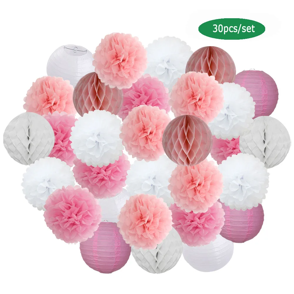 30pcs/Set Holiday Festival Decor Blue White Paper Lantern 6“ 8” 10“ 12” Baby Baptism Birthday Party Favor Hanging Tissue Pom