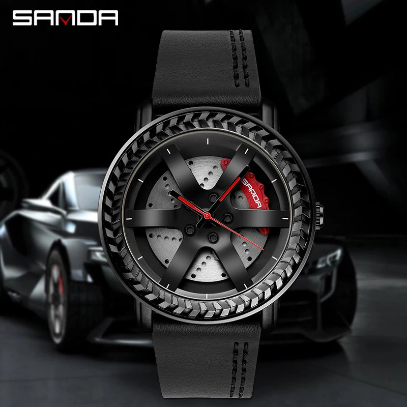 

SANDA P1050 Mens Luxury Watch Fashion Car Watches Waterproof Sport Rim Hub Wheel Wristwatch Quartz Men's 3D Model Reloj Hombre