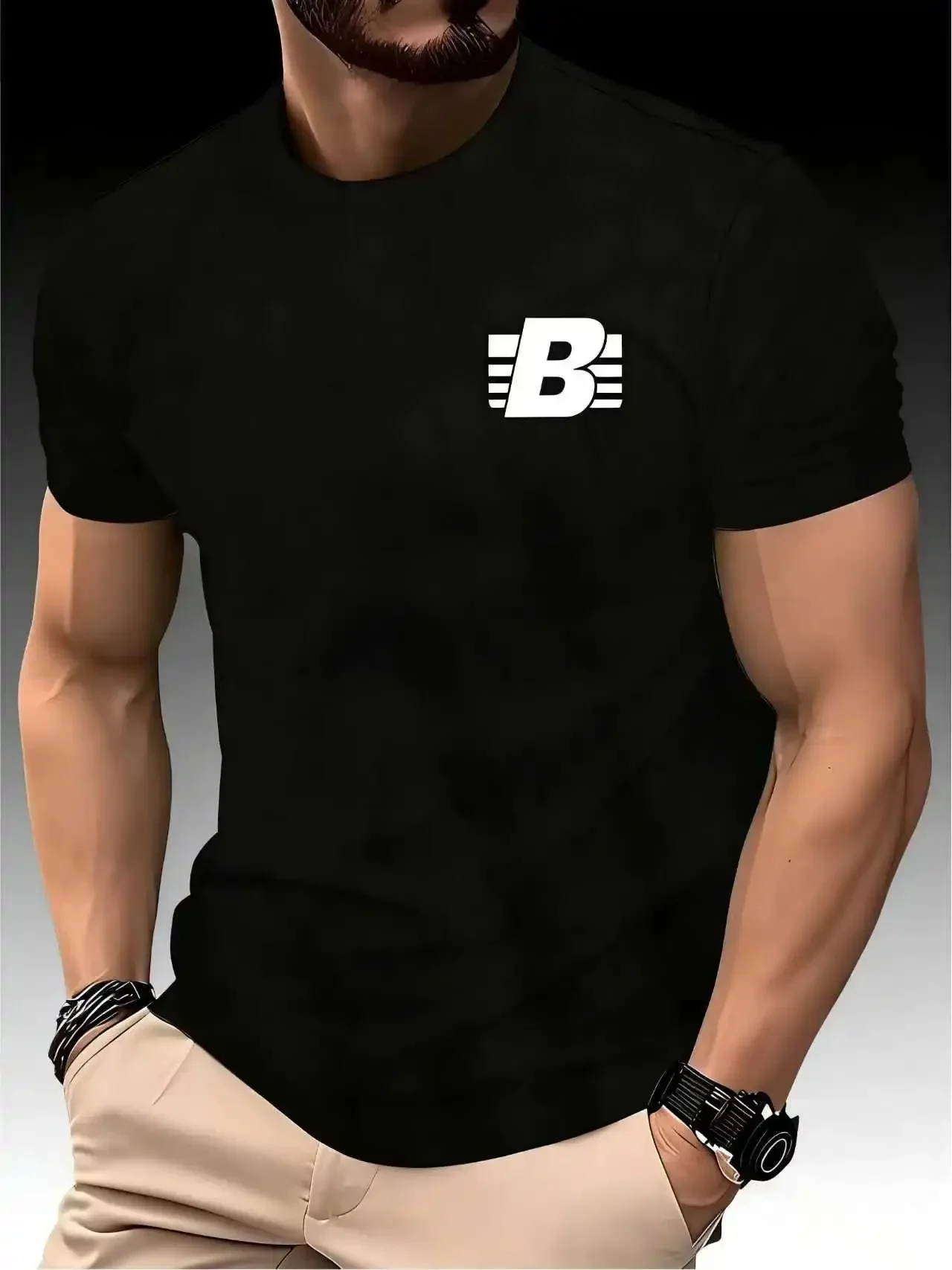 2026 Neues Herren Atmungsaktives Lauf-T-Shirt Sommer Gestreiftes B-Buchstaben-Print Schnelltrocknend Kurzarm Fitness Sport T-Shirt Oberteil