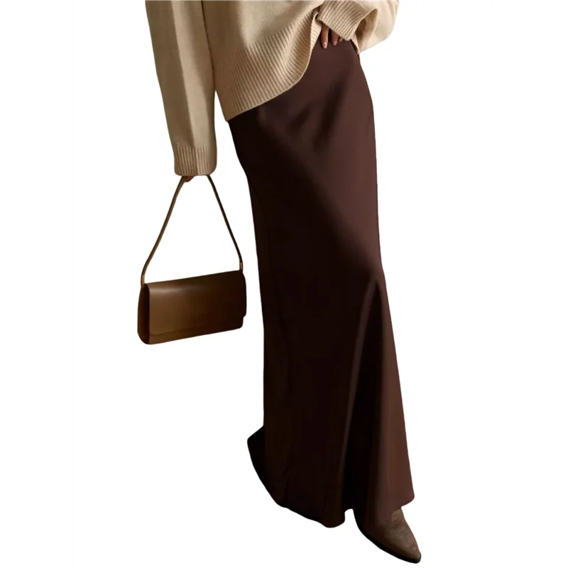 

Hot Kf-Women's Satin High Waisted Maxi Skirts Zip A Line Long Skirt