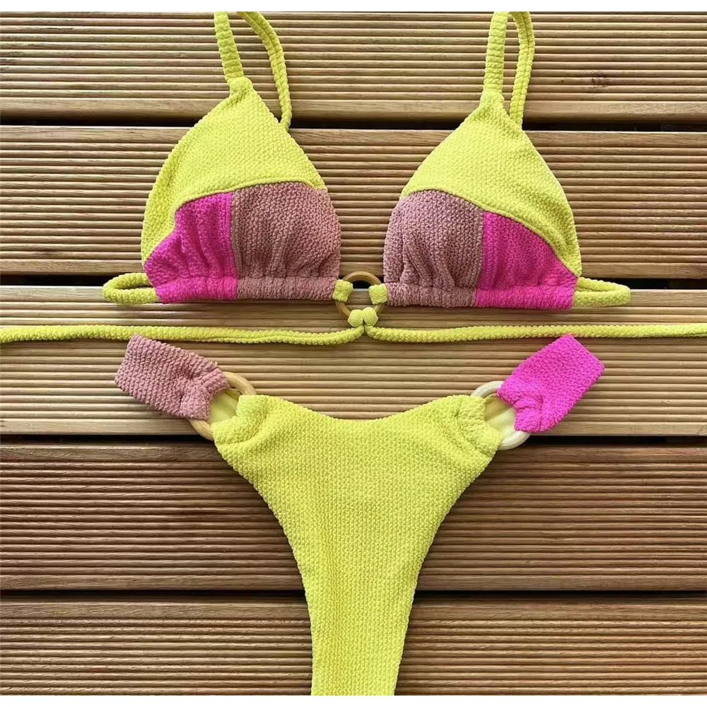 Rosa retalhos com nervuras roupa de banho halter string micro bikini tanga sexy maiô feminino 2025 anel maiô conjuntos biquinis