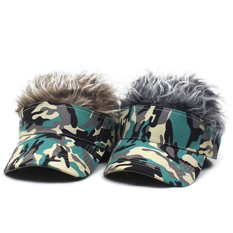 Men Women Camouflage Sunshade Adjustable Sun Visor Baseball Cap With Spiked Hairs Wig Baseball Hat With Spiked Fake Hair Hat