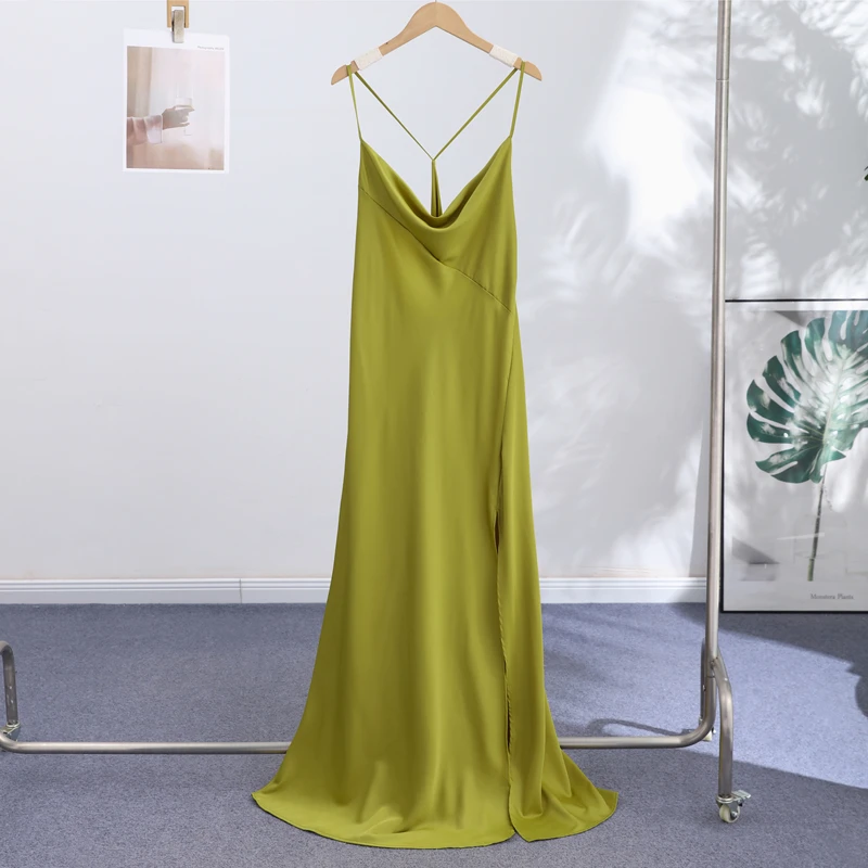 Sexy Women's Satin Solid Long Dress Swing Collar Sleeveless Backless Spaghetti Strap Slit Dresses 2026 Summer Evening Lady Robes