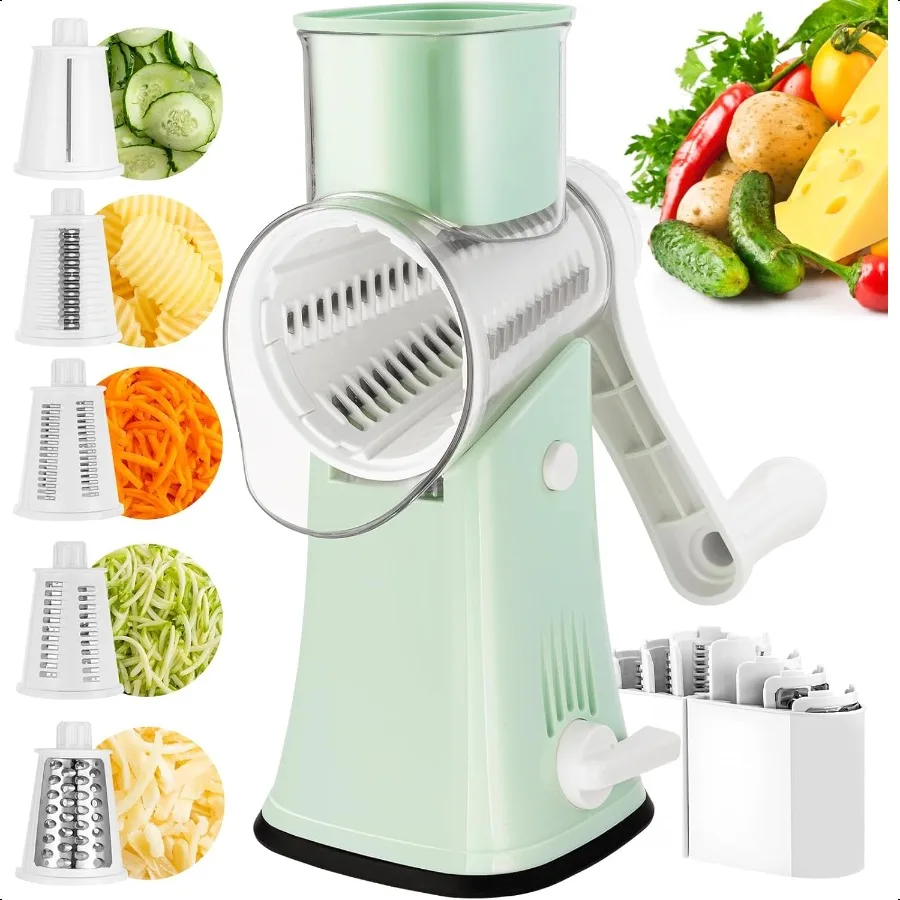 

Rotary Cheese Grater 5 in 1 Cheese Grater with Handle Replaceable Stainl Blades Cheese Shredder Cheese Vegetable Slicer Easy to