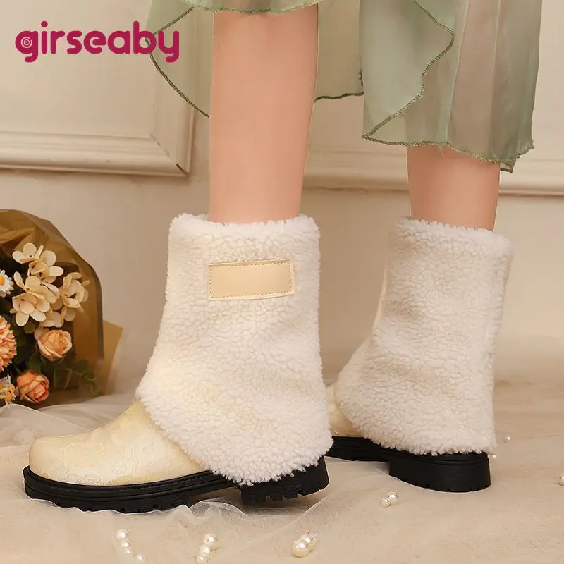 

Girseaby Retro Women's Mid-Calf Boots Round Toe 3cm Thick Heel Slip-On Non-Slip Sweet Daily Style Warm Mixed Color Yellow Casual