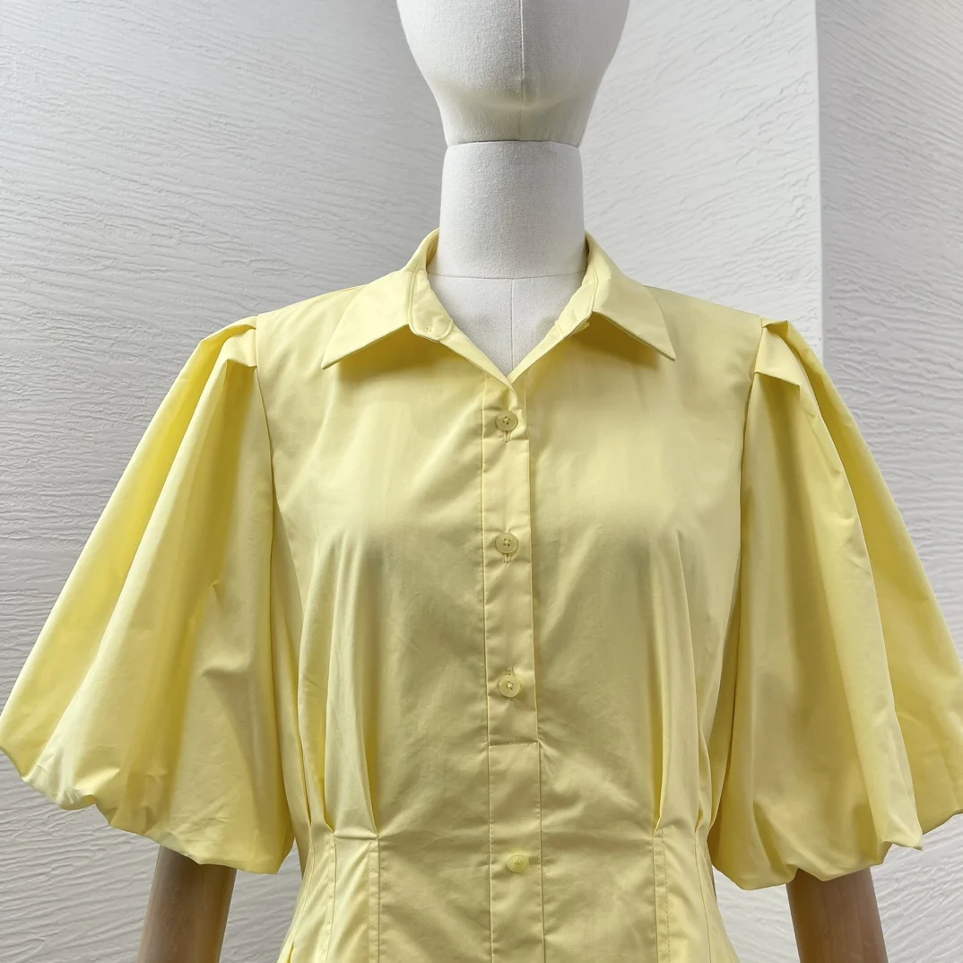 New 2024 Spring Summer High Quality Light Blue Lantern Half Sleeve Puffed Hem Yellow Mini Dress for Women