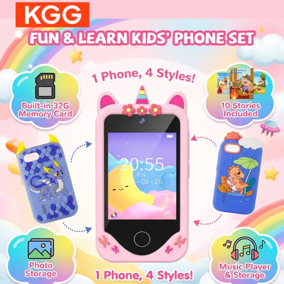 Educatieve speelgoedtelefoon voor 3-6 jaar oud, 2,8 inch touchscreen, dubbele camera's, leerspellen, video afspelen, 32GB inbegrepen, perfect cadeau