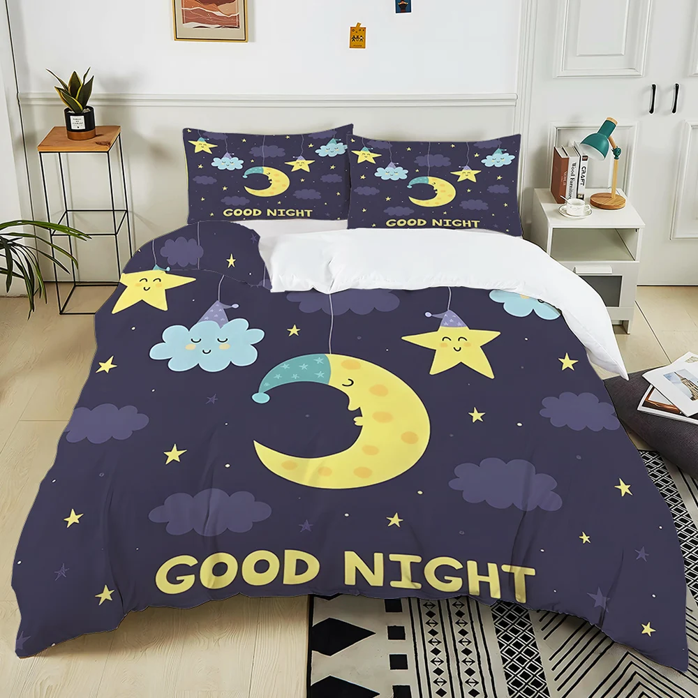 Star Good Night Cartoon Printed Bedding Set 3PC 1 Duvet Cover 2 Pillowcases Adult and Children Warm Soft Bedding Set Luxury Gift