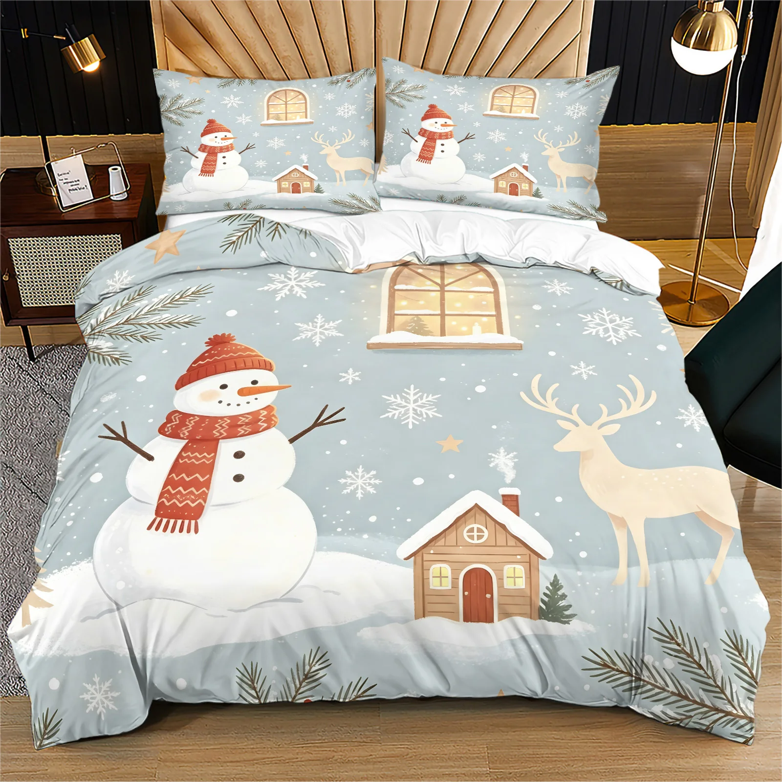 Winter Christmas Duvet Cover Set Snowman Deer Snowflake Print Microfiber Bedding Set Duvet & Pillowcase Set Home Bedroom Decor