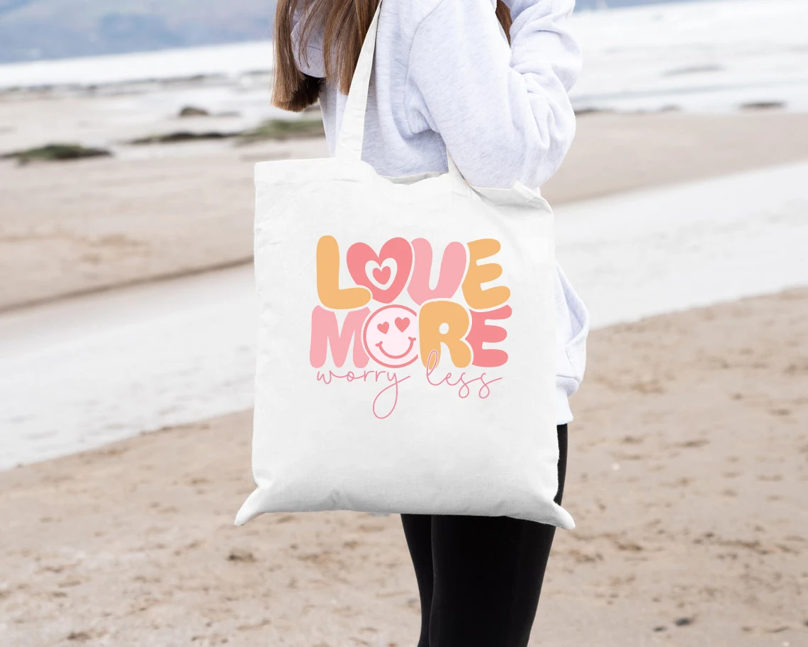 Love More Worry Less canvas tote bag retro women Mental Health Awareness shopping bags