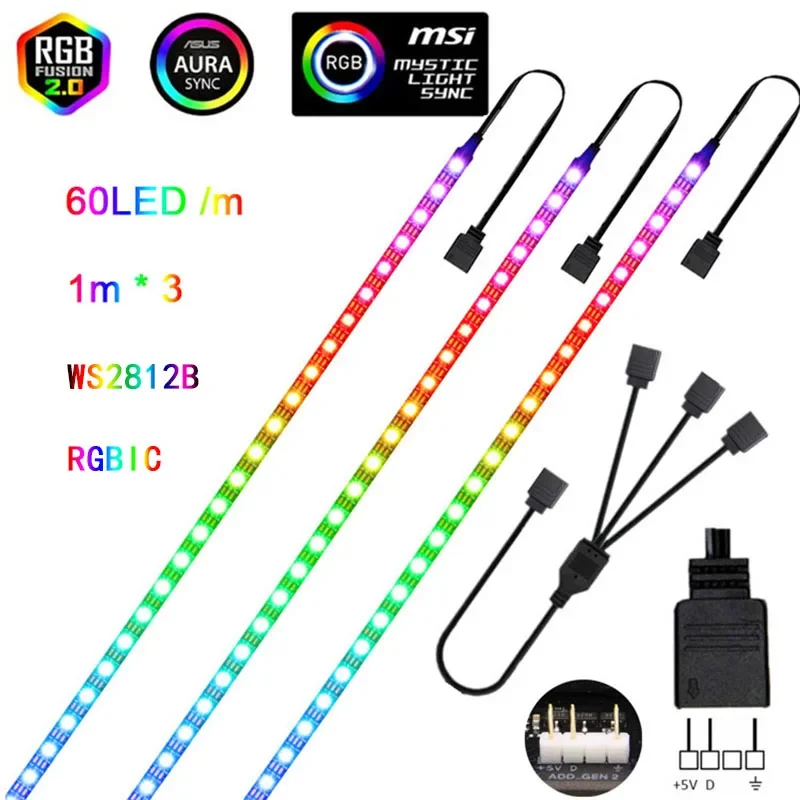 Tira de luces LED direccionable de arcoíris para PC, carcasa Digital de 5V, 3 pines, ARGB, Asus Aura Sync, RGBIC Fusion MSI Mystic