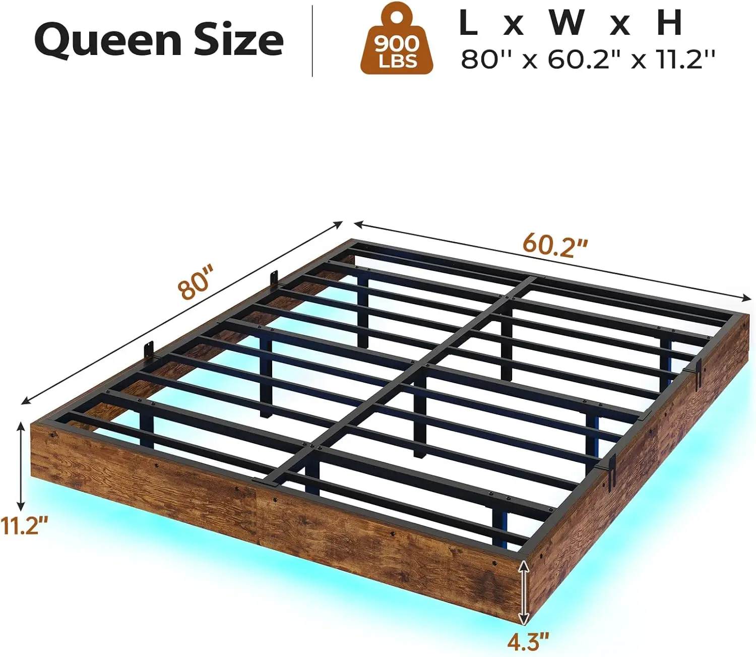 Floating Bed Frame Queen Size w/ LED Lights, Industrial Wooden Metal Queen Platform Bed,Noise Free, No Box Spring Needed