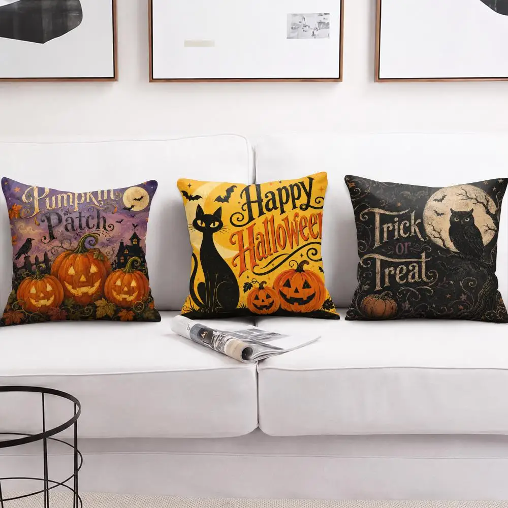 Halloween Boo Black Cat Cushion Cover Double-Sided Plush Sofa Cushion Covers Organic Breathable Invisible Zipper