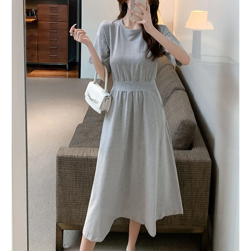 

2024 Summer New Women's Solid Color O-Neck Spliced Appear Thin Fashion Casual Versatile Commuter Short Sleeve Midi Dress