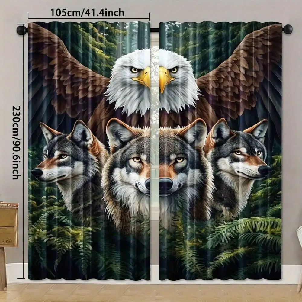 2pcs Eagle & Wolf Print Curtains - Rod Pocket Design, Machine Washable, Semi-Transparent All-Season Decor For Living Room