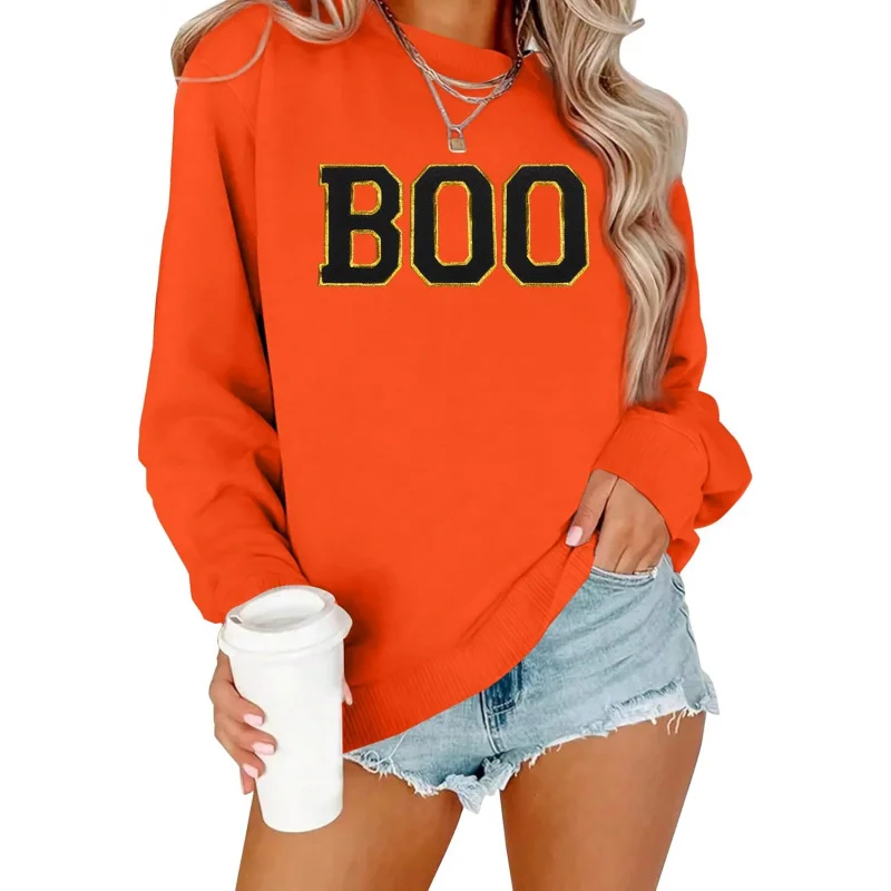 

Halloween Women's Sports Shirt Cute BOO Pattern Round Neck Ghost Sweater Long Sleeved Top Orange