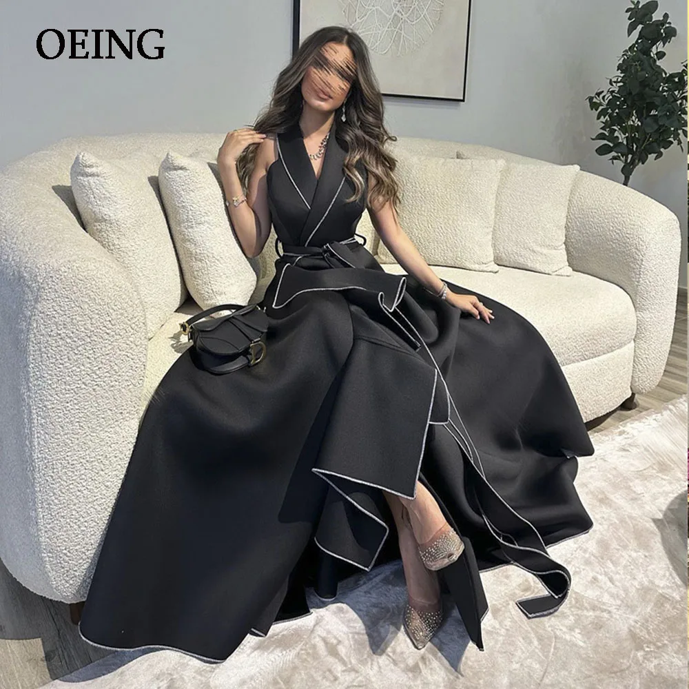 OEING Black V Neck Evening Dress Sexy Belt Prom Gown Floor Length Pleated Party Gowns Formal Occasion Dresses Vestidos De Noche