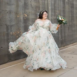 Boho Floral Pattern Sweetheart Customized Wedding Dress Long Bishop Sleeves Backless Bloom Flowers Plus Size Bridal Gowns