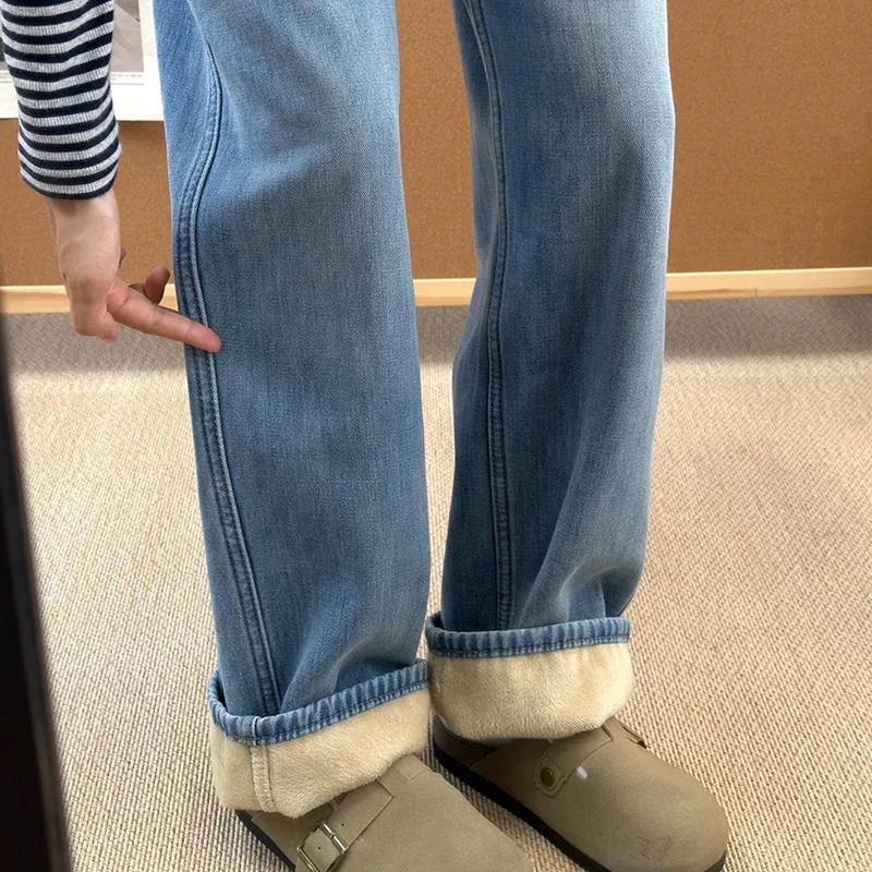 

Прямые джинсы с высокой талией на подкладке, синие джинсы, женские свободные утягивающие драпированные широкие брюки, зимние теплые брюки