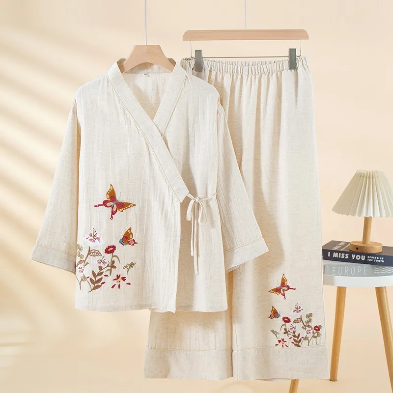 Solid Color Lyocell Cotton Linen Chinese Style Women's Pajamas Autumn Thin Long-sleeved Embroidered Home Clothes Kimono Pijamas