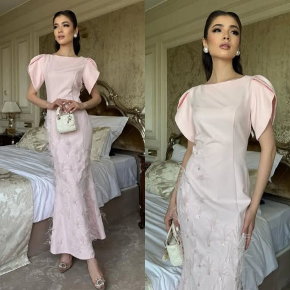 

High Quality Customized Ankle Length Short Sleeves Feathers Beaded Pink A-line Robe Pour Mariage Invité Luxury Evening Dress