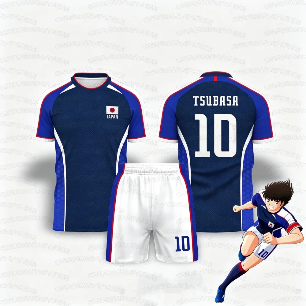 2 Piece Set Boy's Girl's Anime Captain Tsubasa Jersey Set Breathable Quick-Dry Kid's T-shirt Set Tee Shorts+T-shirt