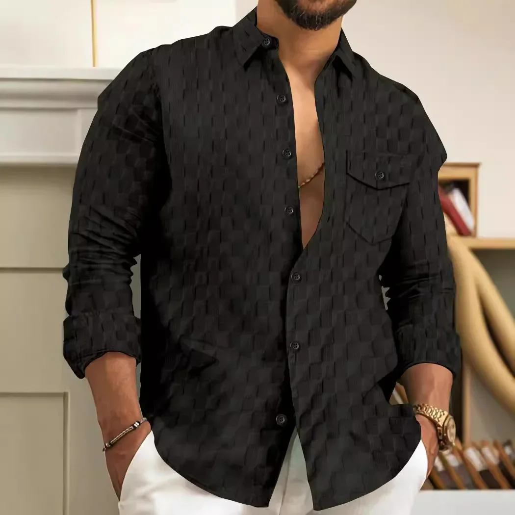 

European American Men's Business Casual Checkered Jacquard Shirt with Spring and Autumn Long Sleeves and Chest Pocket
