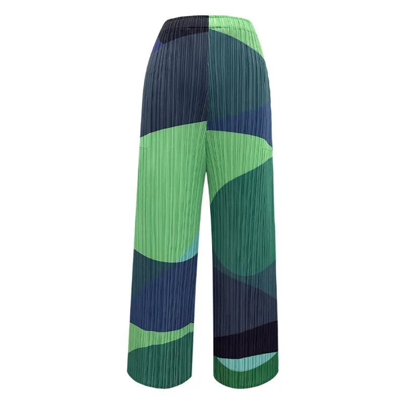 Pleated Women's Wide-Leg Pants Autumn New Simple Casual Fashion Color-Block Print Elastic Waist Straight Drape Women's Trousers