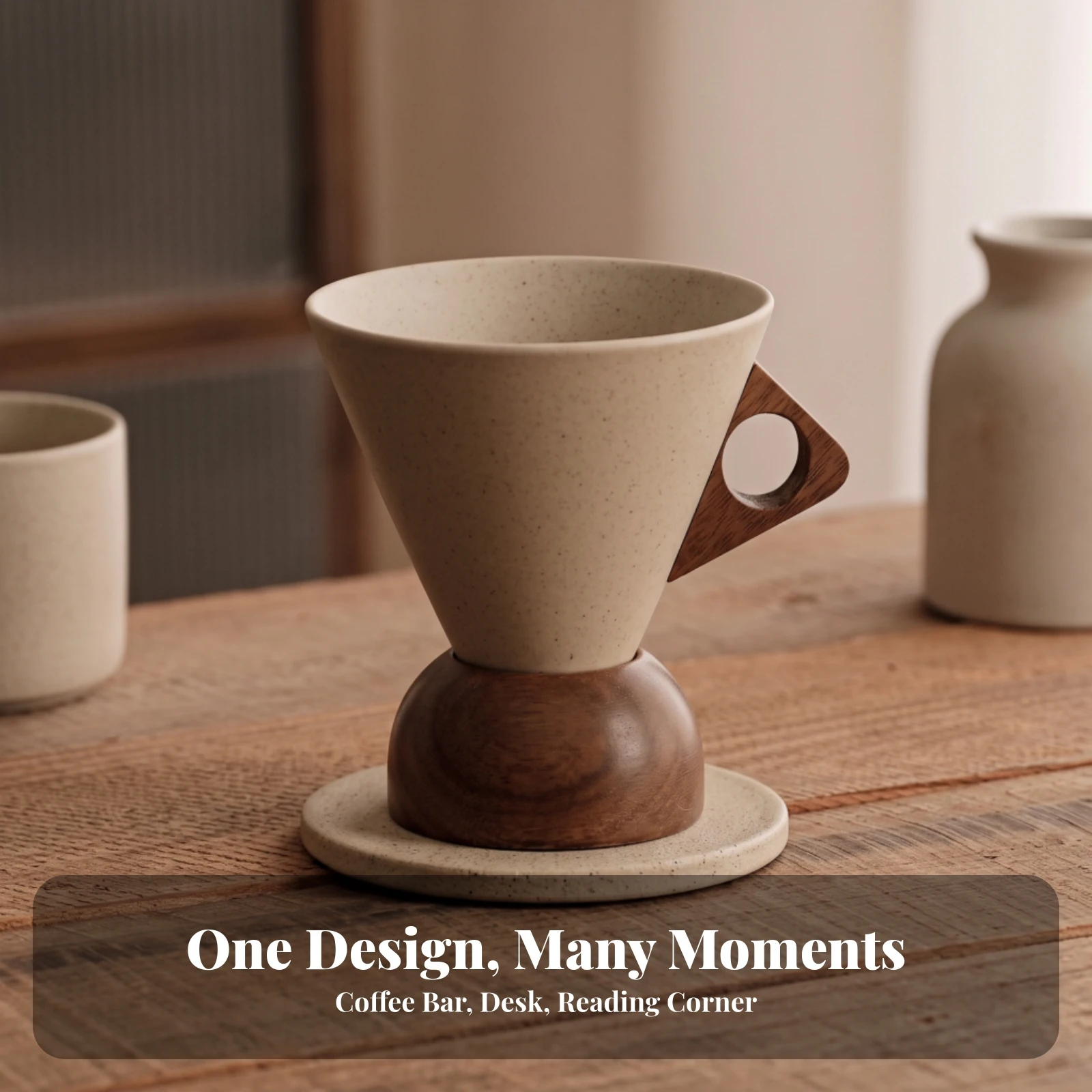 Pour-over Coffee Cup with Wooden Base Speckled Ceramic Coffee Cup with Wooden Handle Heat Insulating High-Fired for Home Brewers view 2