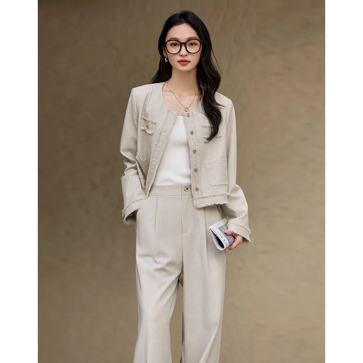 VIMLY Women's 2025Spring Elegant Gentle Fashion Tassel Coat Straight Pants Casual Office Lady Small Fragrant Wind Suit 2pcs Set