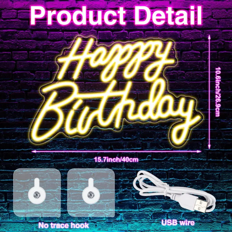 Kaboer Neon Bord Nachtlampje Feestdecoraties Usb Aangedreven 5V Happy Birthday Party Club Slaapkamer Wall-15.7x10.6 Inch Warm Wit